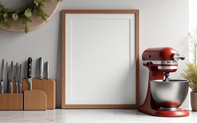 空白のメニューボードと様々な調理器具が並ぶクリーンなキッチンカウンター、カスタマイズの余地を示唆