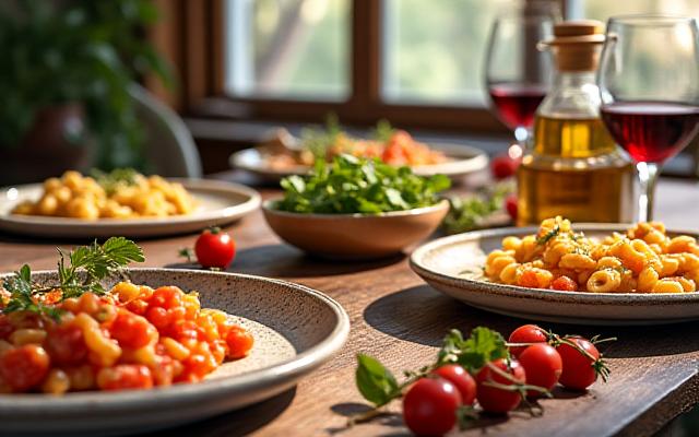 色とりどりの新鮮な食材が並ぶイタリア料理のテーブルセッティング