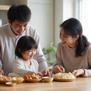 家族で食卓を囲む幸せな日本の家族の写真