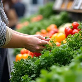 スーパーマーケットで新鮮な野菜を選ぶ健康志向の個人