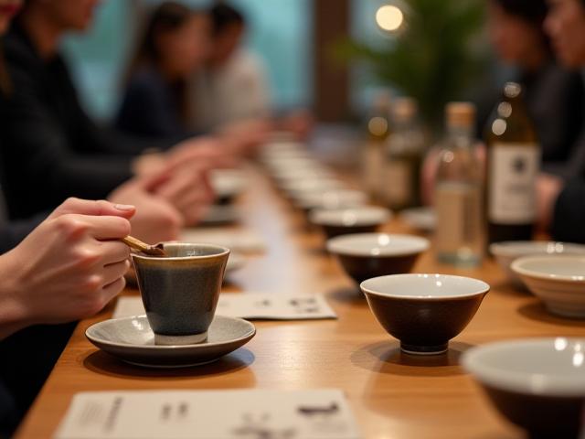 スタイリッシュな空間で日本酒をテイスティングする参加者たち