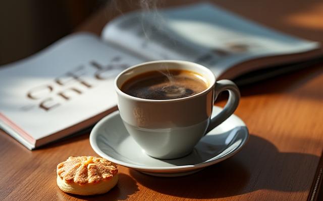 温かいコーヒーカップと開かれた雑誌の居心地の良いライフスタイルショット