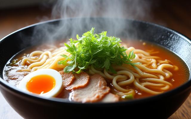 湯気が立ち上るラーメンの動きのあるショット