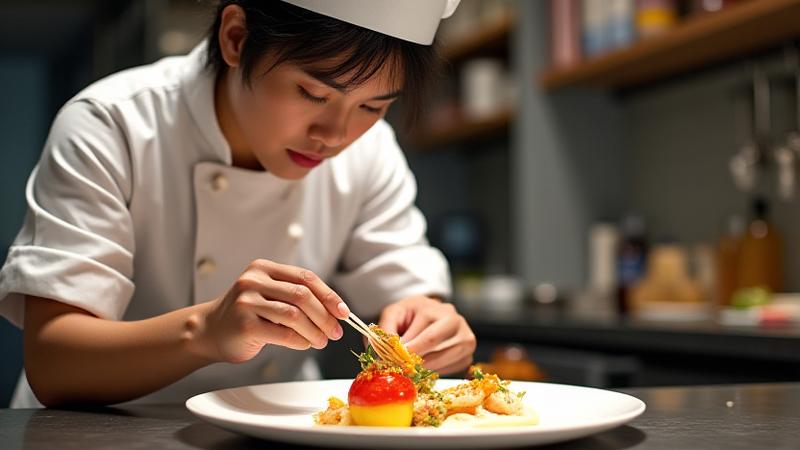 Chef preparing a gourmet dish with brand product at center