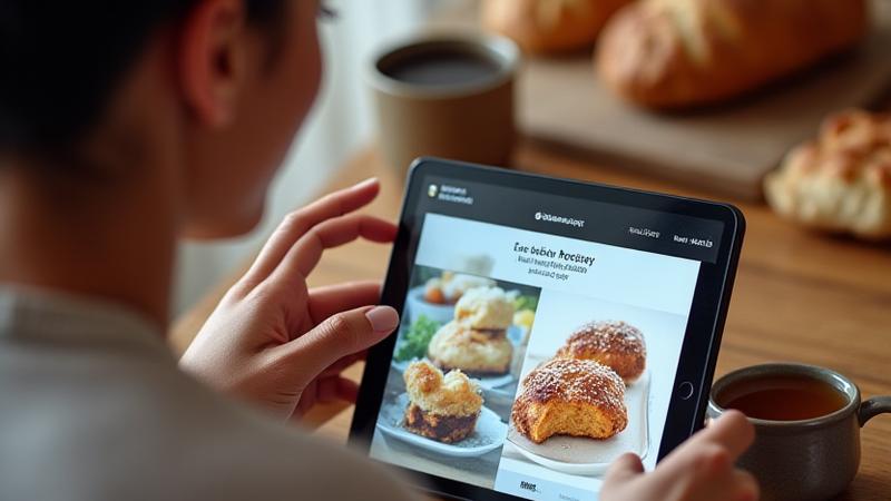 Person happily interacting with a tablet displaying a vibrant digital cookbook.