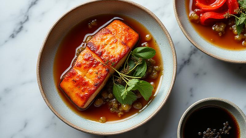 Modern dish featuring rich miso paste, beautifully plated.