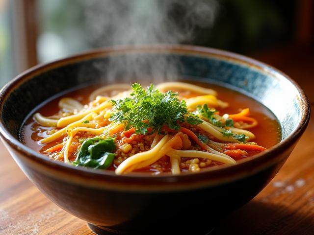 色鮮やかな野菜と豊かな出汁を特徴とする、風味豊かなヴィーガンラーメン